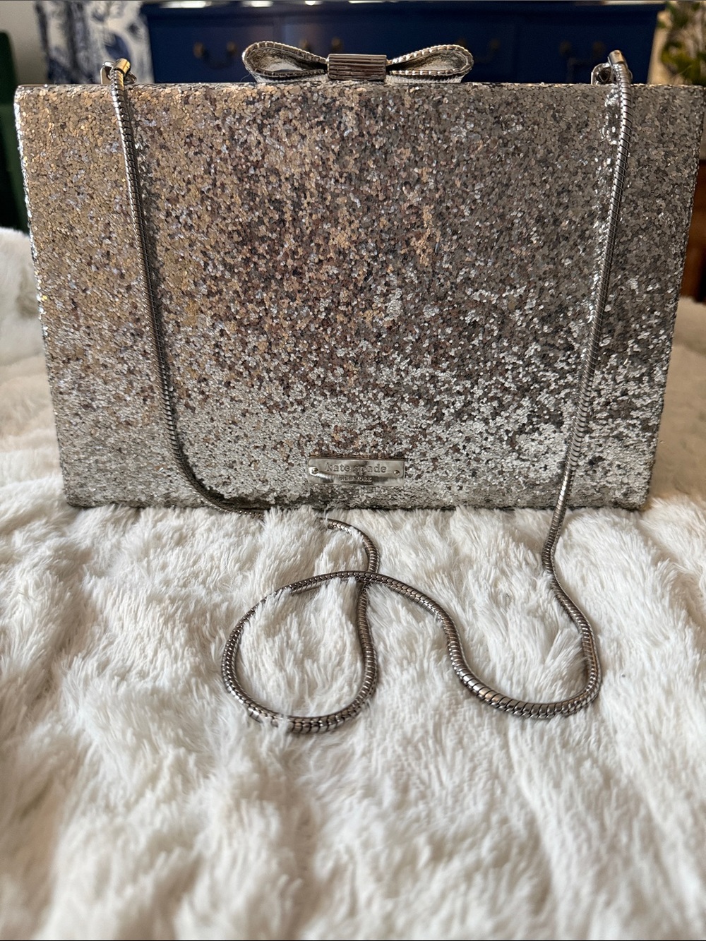 KATE SPADE Emanuelle Evening Belles PXRU4812 Silver Glitter Bow Crossbody Clutch